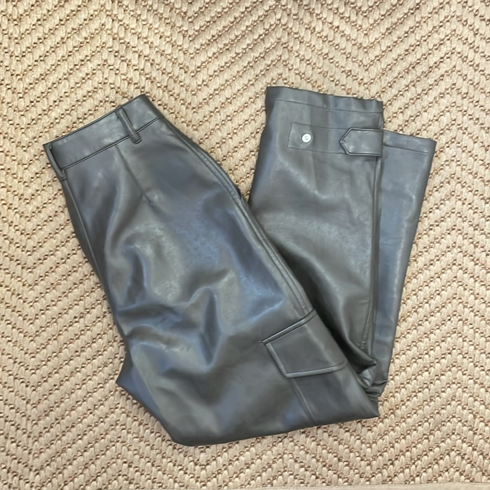 Aritzia Wilfred Classic Faux Leather Straight Tapered Cargo Pants Grey Green 0